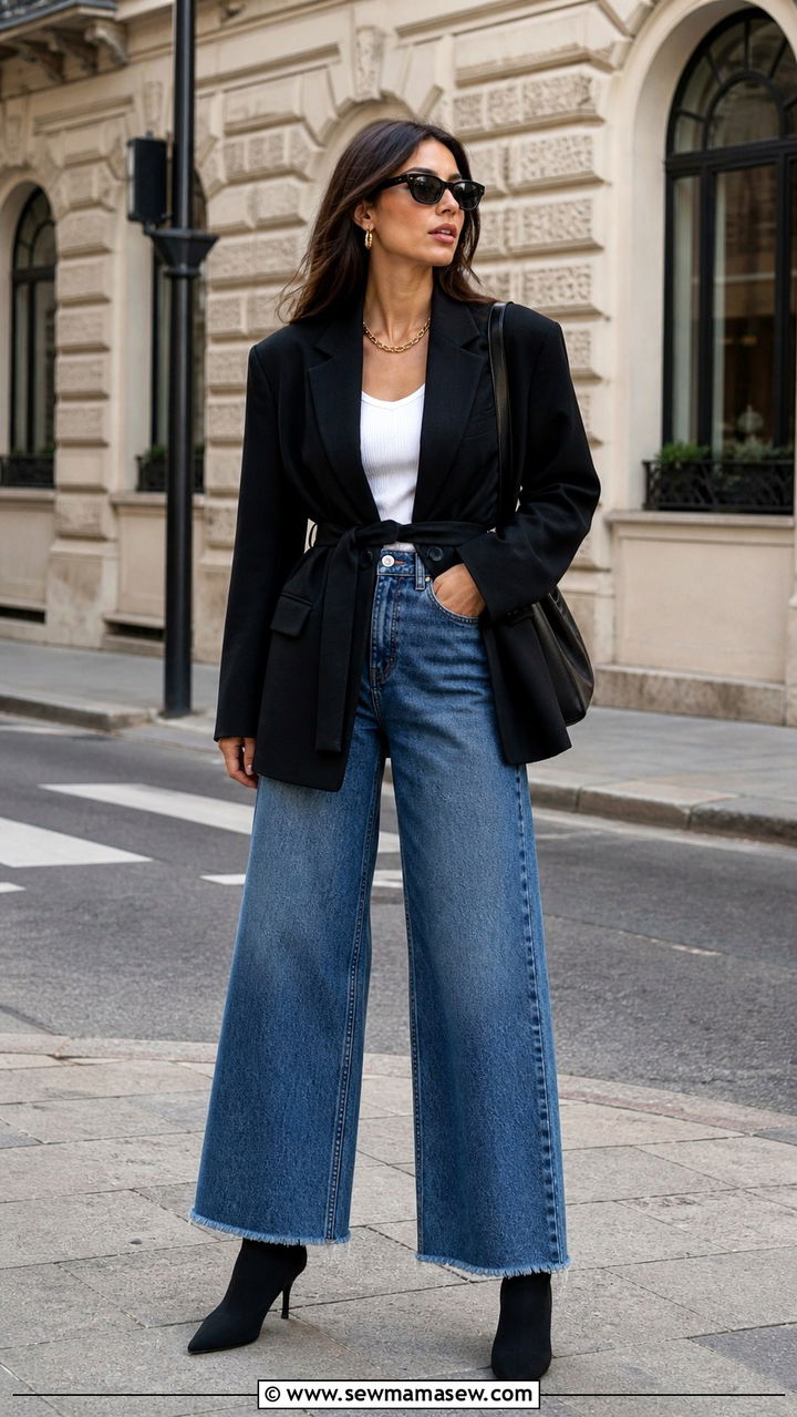Belted blazer with wide leg jeans outfit - 40 belted blazer outfit ideas