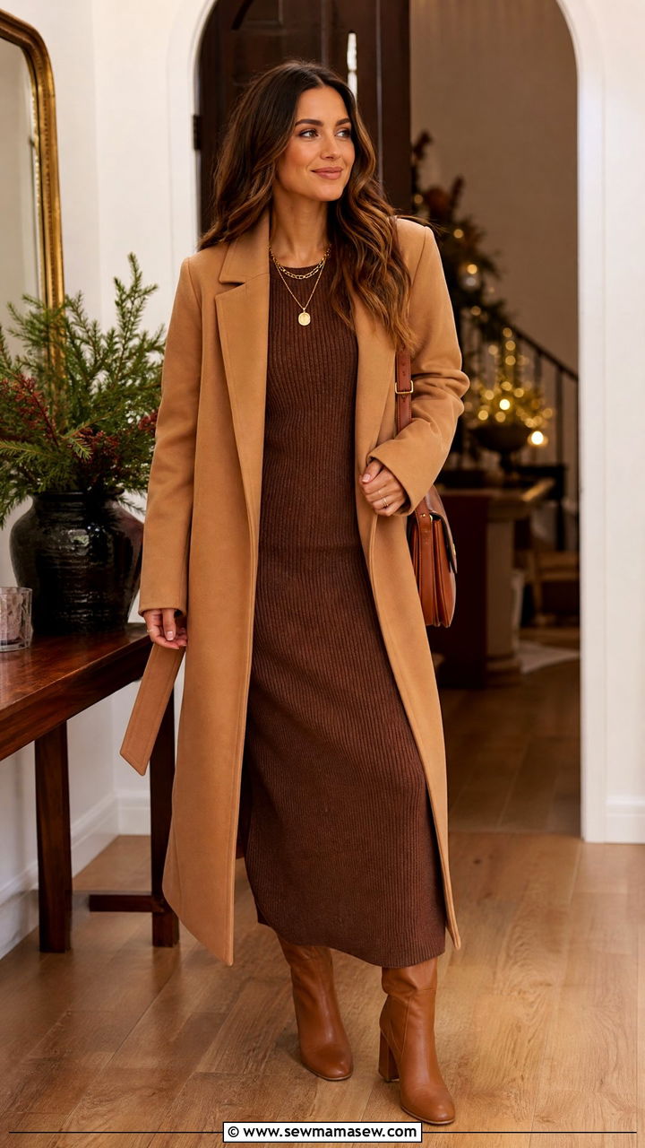 Belted camel coat over a knit maxi dress - 35 Belted coat outfit ideas