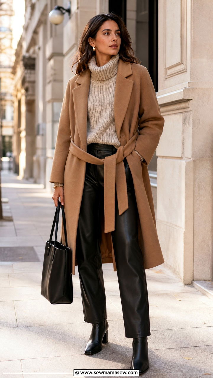 Belted camel coat with chunky sweater and leather trousers - 35 Belted coat outfit ideas