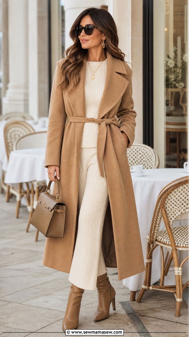 Belted camel coat with monochrome knit set and heeled boots - 35 Belted coat outfit ideas