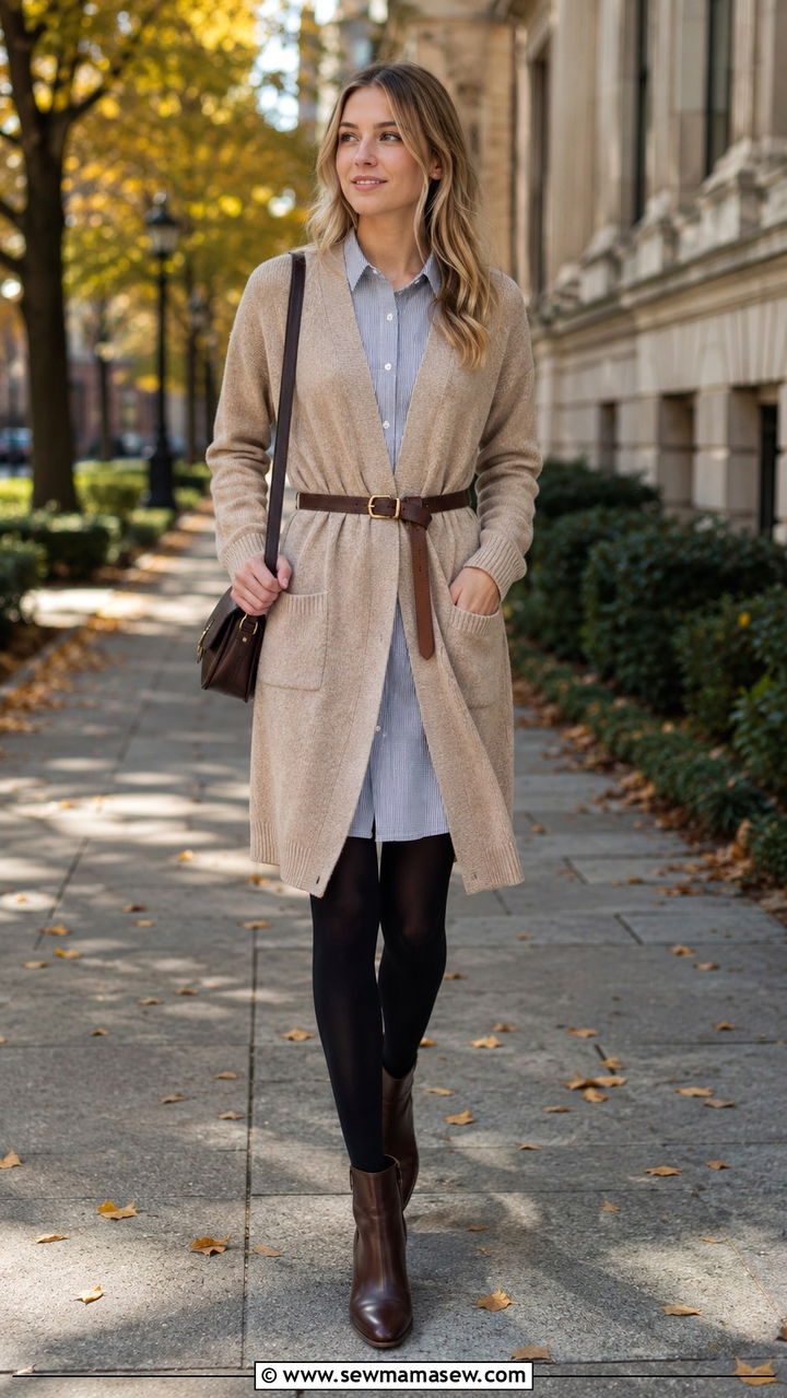 Belted cardigan over shirt dress with ankle boots outfit - 30 School uniform hacks outfit ideas