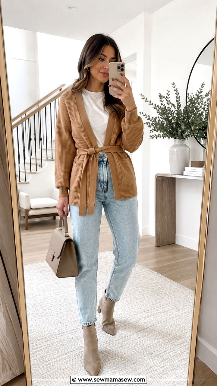 Belted cardigan with high waisted mom jeans - 30 High waisted jeans outfit ideas with a cardigan