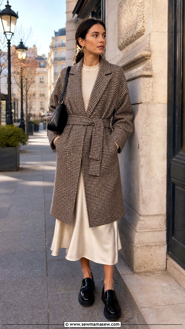 Belted checked coat with midi skirt and platform loafers - 35 Belted coat outfit ideas