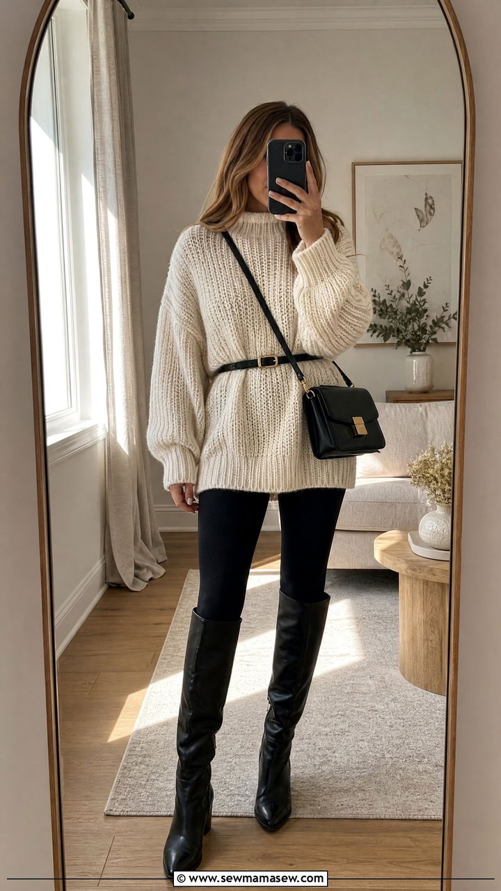 Belted chunky sweater with leggings and tall boots - 25 chic chunky sweater outfit ideas