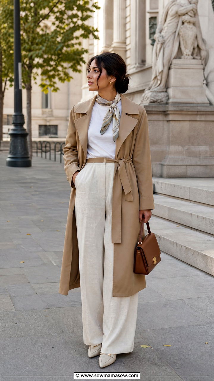 Belted coat over wide leg linen trousers - 30 modest brunch outfit ideas