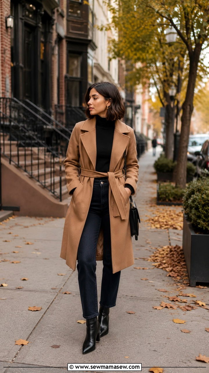 Belted coat with sweater and jeans - 30 Petite outfit ideas tips