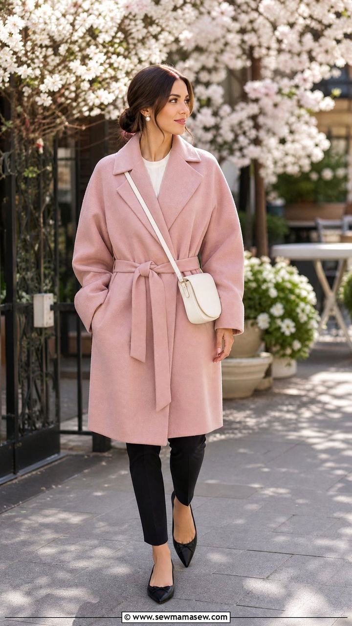 Belted cocoon coat with slim pants and pointed flats - 35 Belted coat outfit ideas