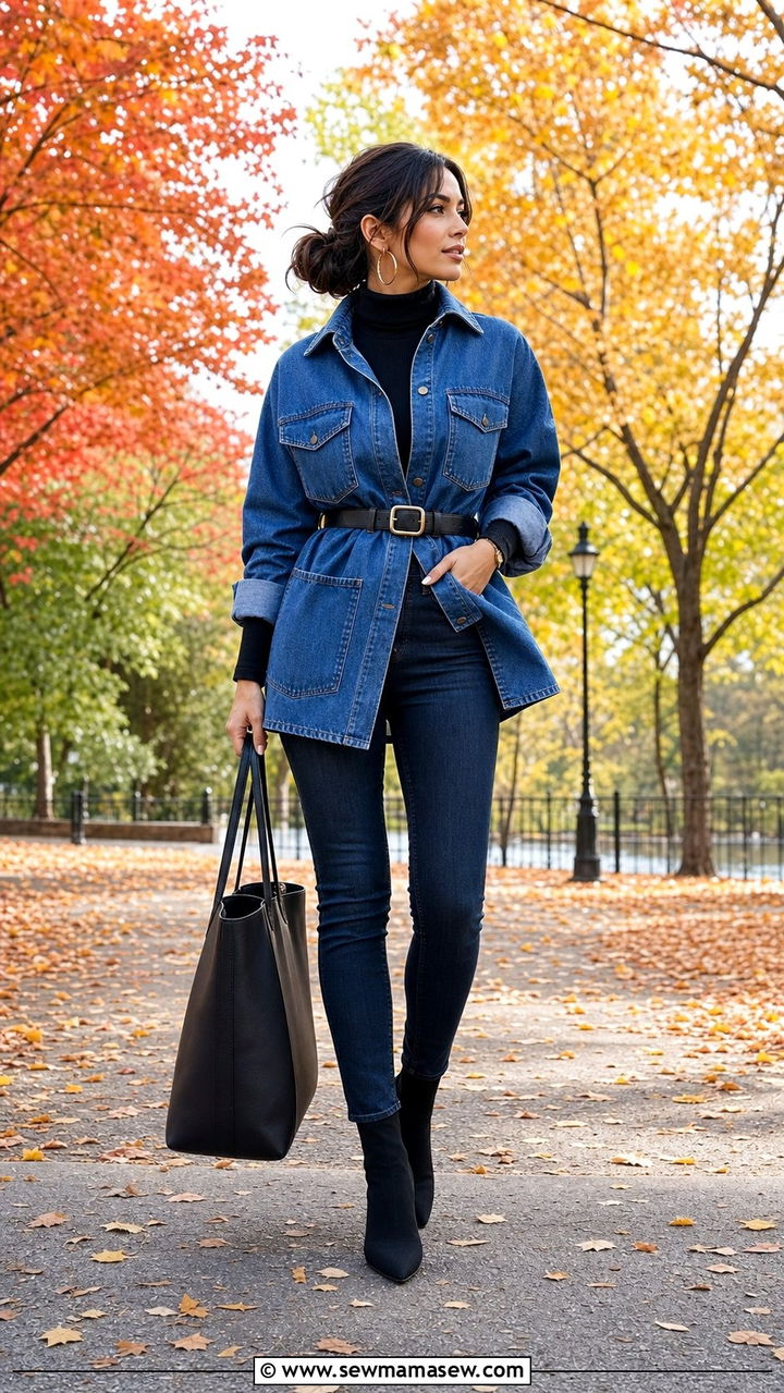 Belted denim shacket over skinny jeans - 25 Double denim outfit ideas petite
