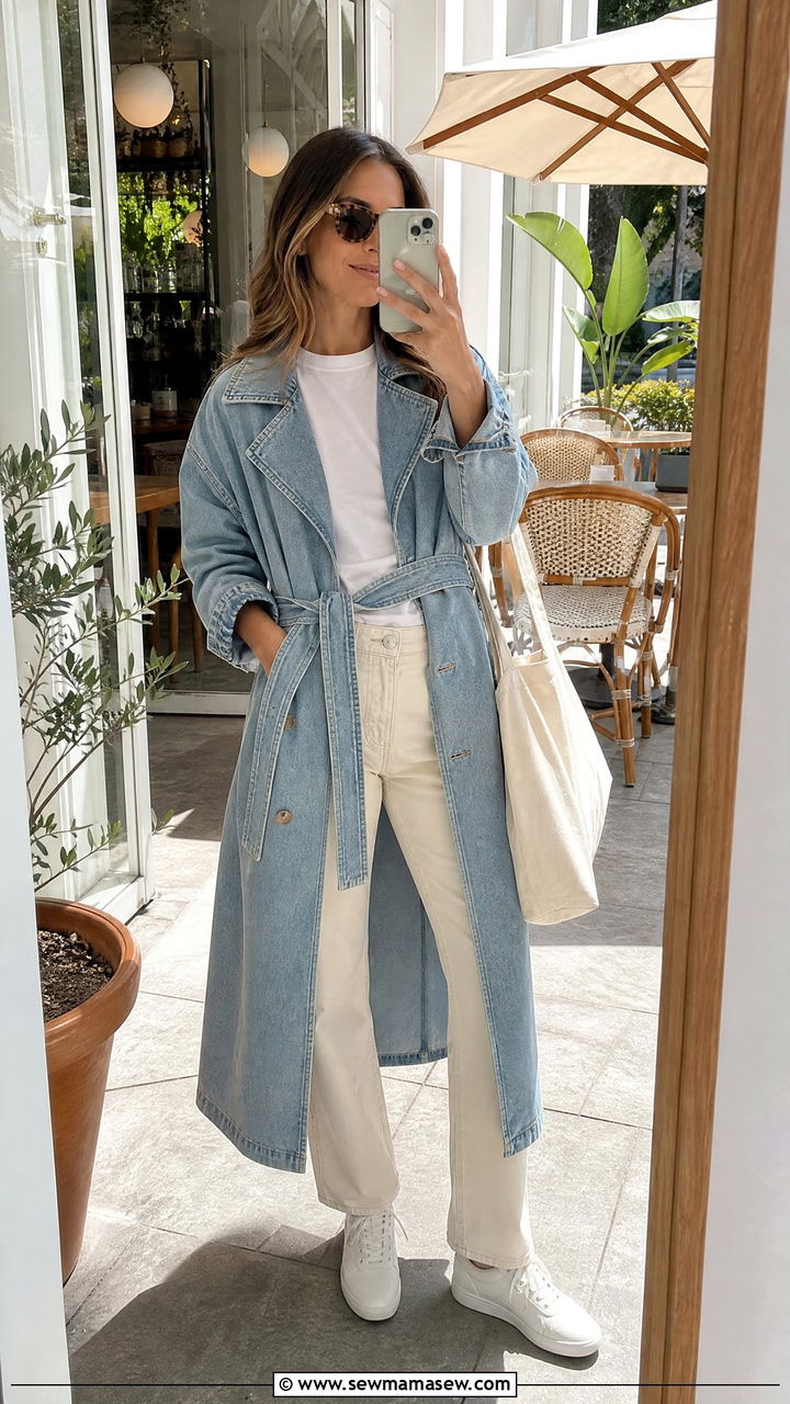 Belted denim trench coat with white tee and sneakers - 35 Belted coat outfit ideas
