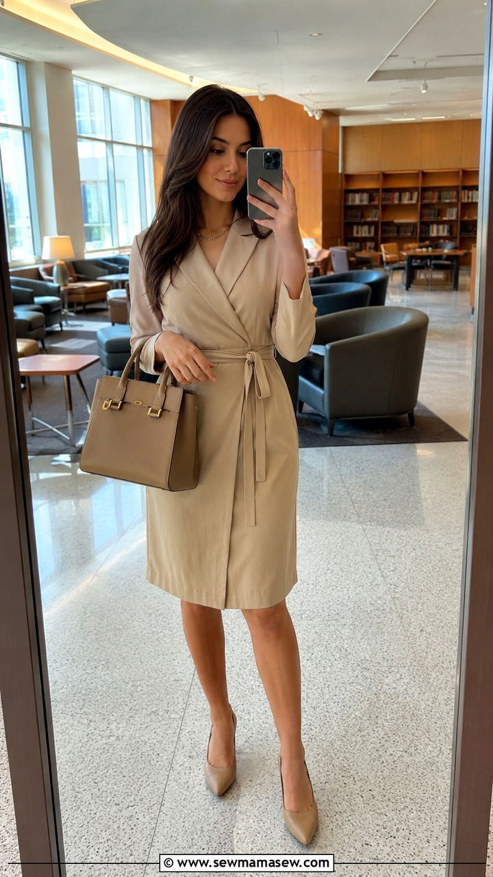 Belted dress with structured handbag - 30 Law school student outfit ideas