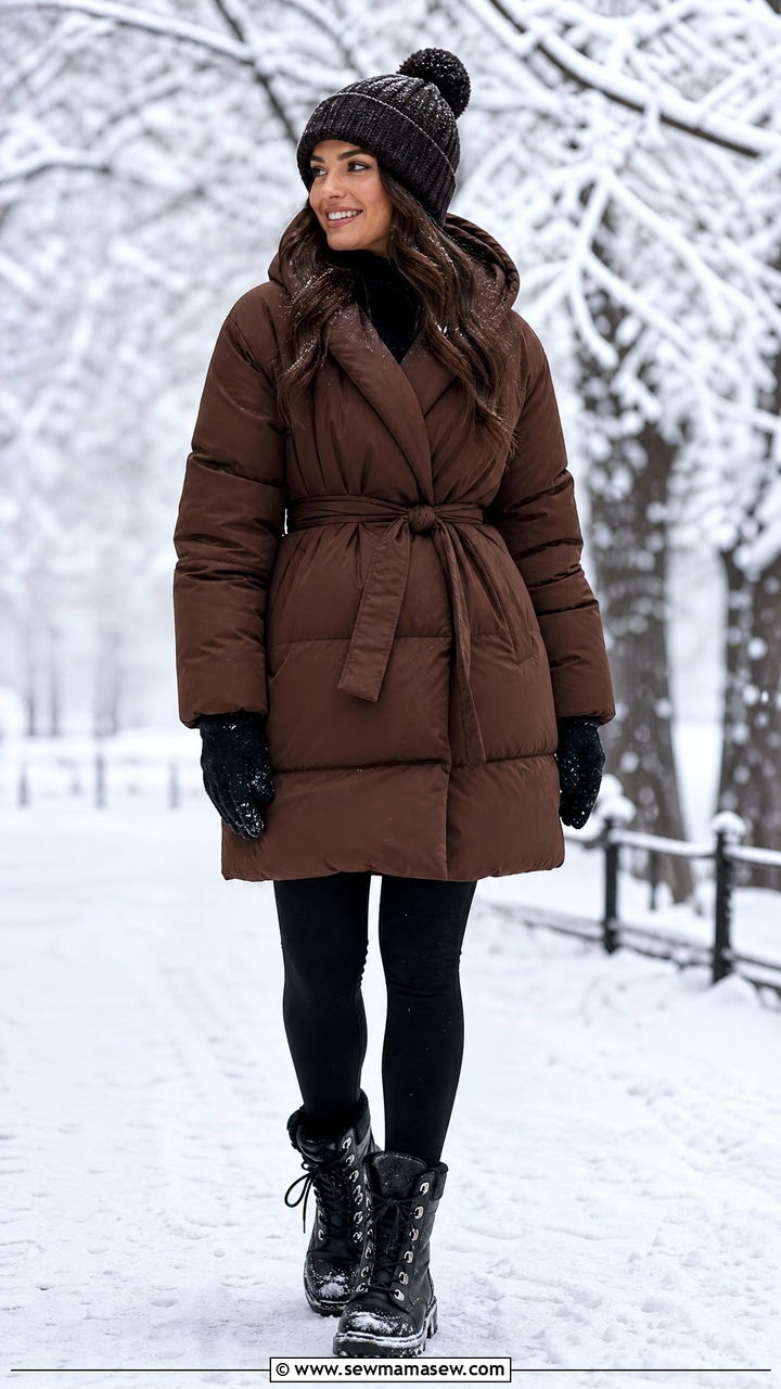 Belted duvet coat with fleece leggings and snow boots - 35 Belted coat outfit ideas