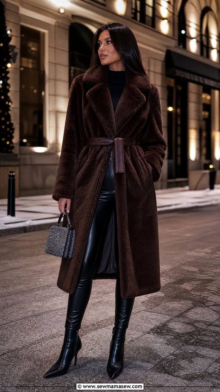 Belted faux fur coat with leather leggings - 35 Belted coat outfit ideas