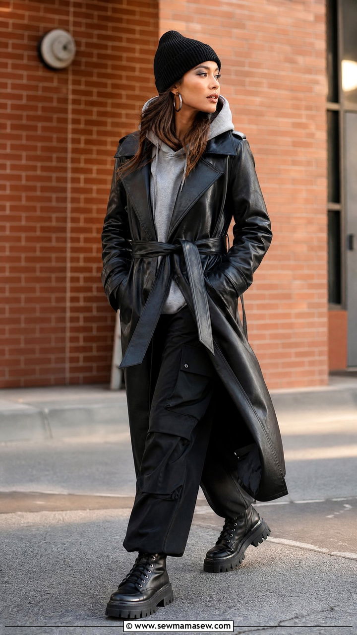 Belted faux leather coat with hoodie and chunky boots - 35 Belted coat outfit ideas