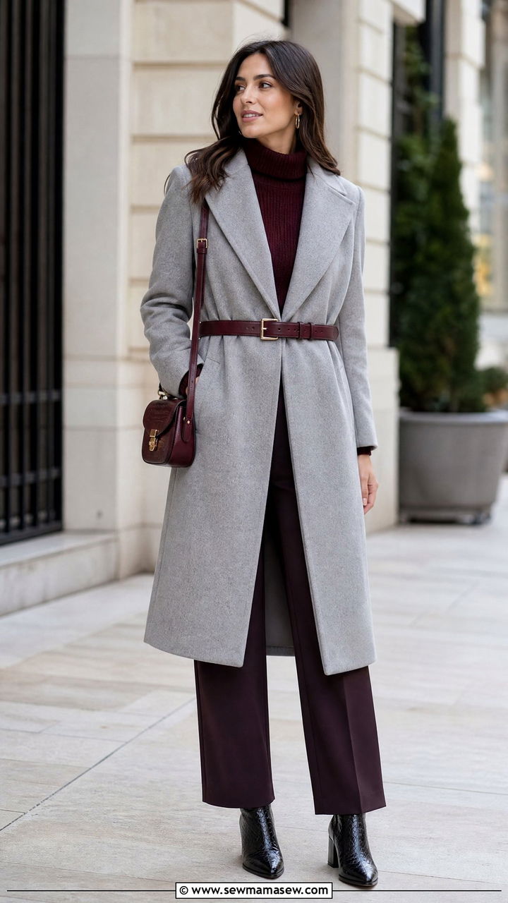 Belted grey wool coat with burgundy accessories - 35 Belted coat outfit ideas