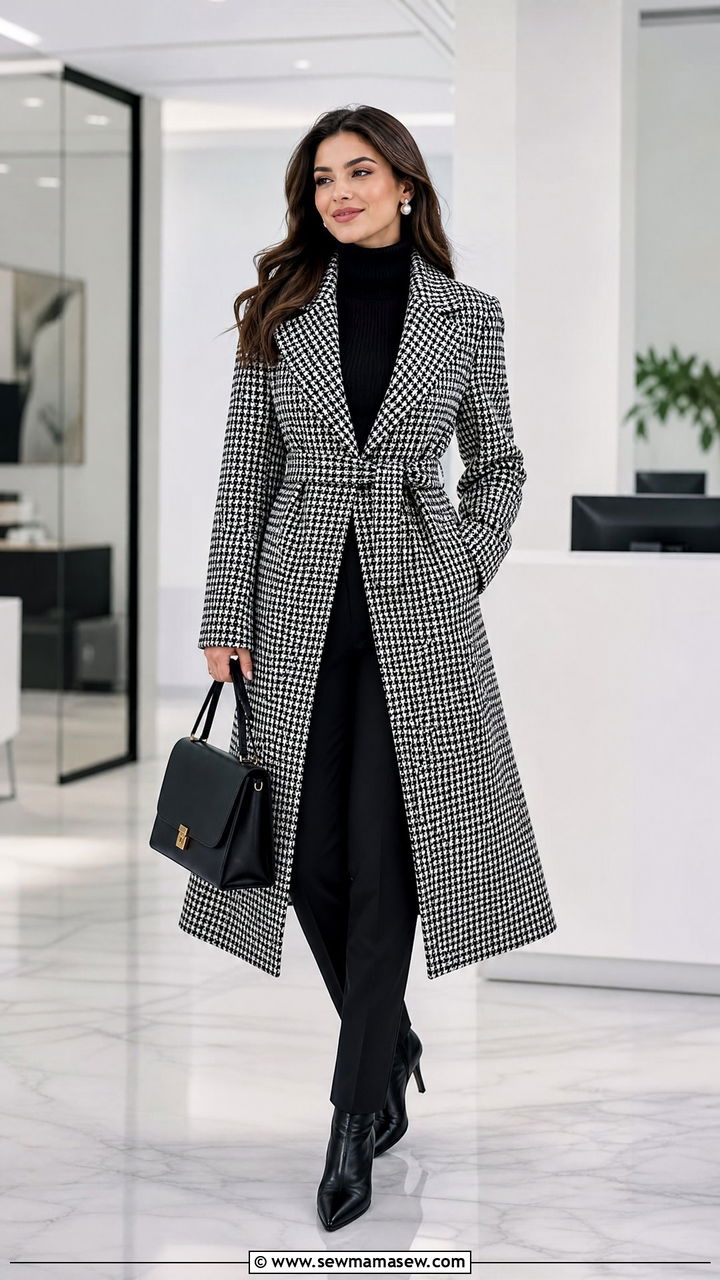 Belted houndstooth coat with black turtleneck and trousers - 35 Belted coat outfit ideas