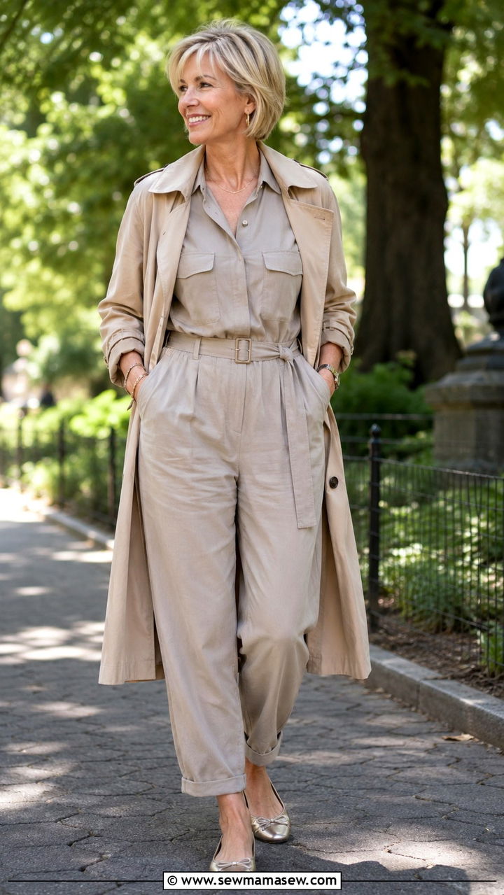 Belted jumpsuit with ballet flats - 30 Jumpsuit outfit ideas for women over 50