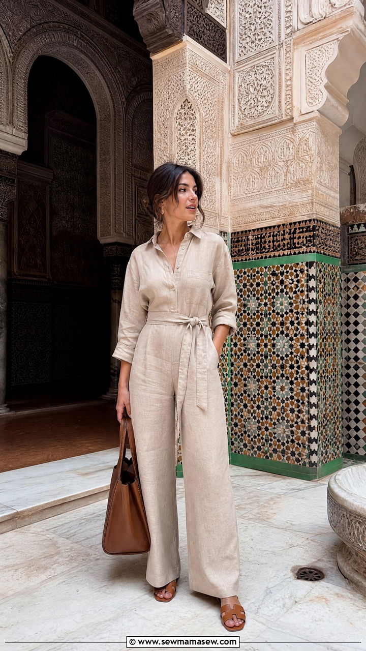Belted jumpsuit with flat sandals - 25 Fes outfit ideas