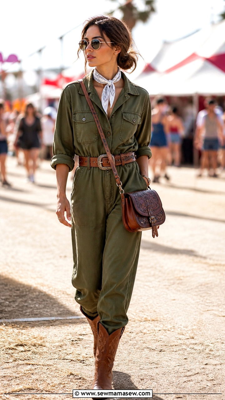 Belted jumpsuit with western boots - 40 Coachella outfit ideas