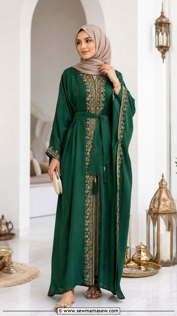 Belted kaftan with embellished sandals - 30 Modest outfit ideas for Eid
