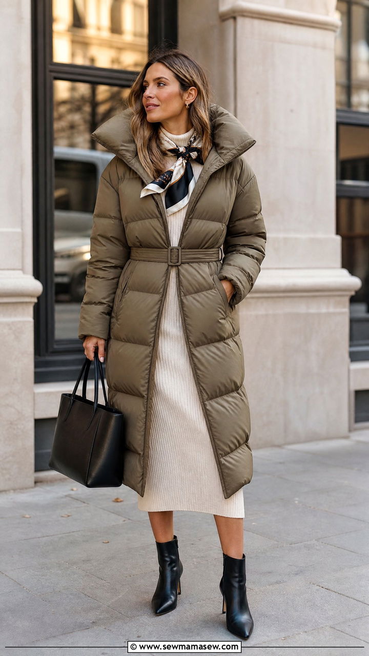 Belted khaki longline puffer with ribbed knit midi dress - 25 Spring outfits with puffer jacket