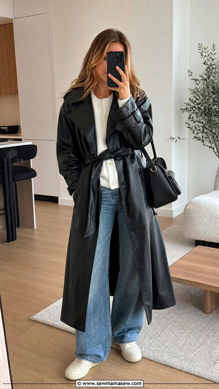 Belted leather trench with white cardigan and wide leg jeans - 35 Belted coat outfit ideas
