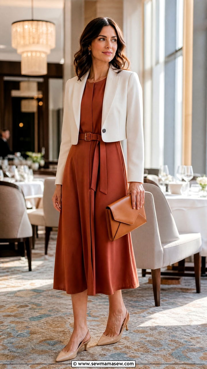 Belted midi dress and cropped blazer with slingback heels - 35 Marketing conference outfit ideas