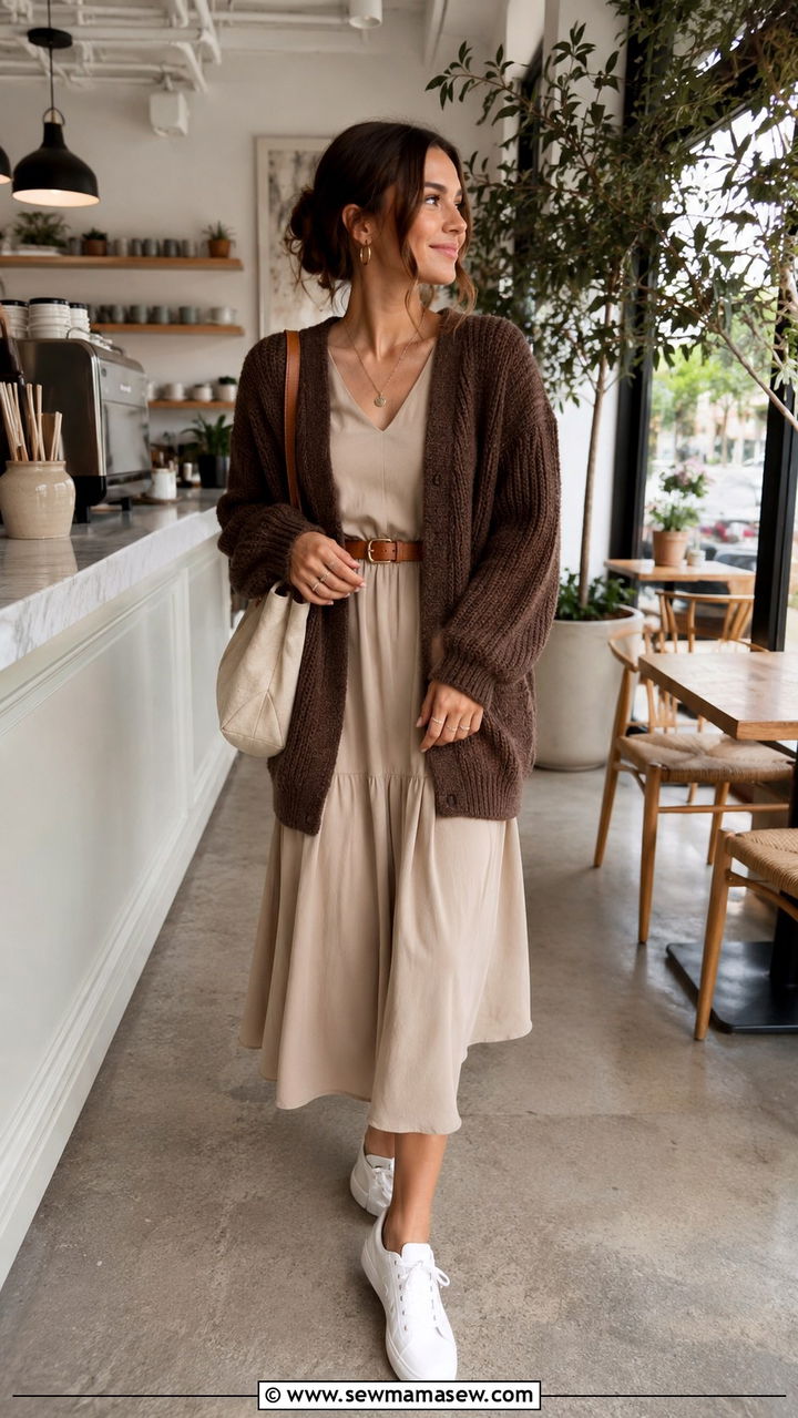 Belted midi dress with chunky cardigan and white sneakers - 20 cute Pinterest outfits