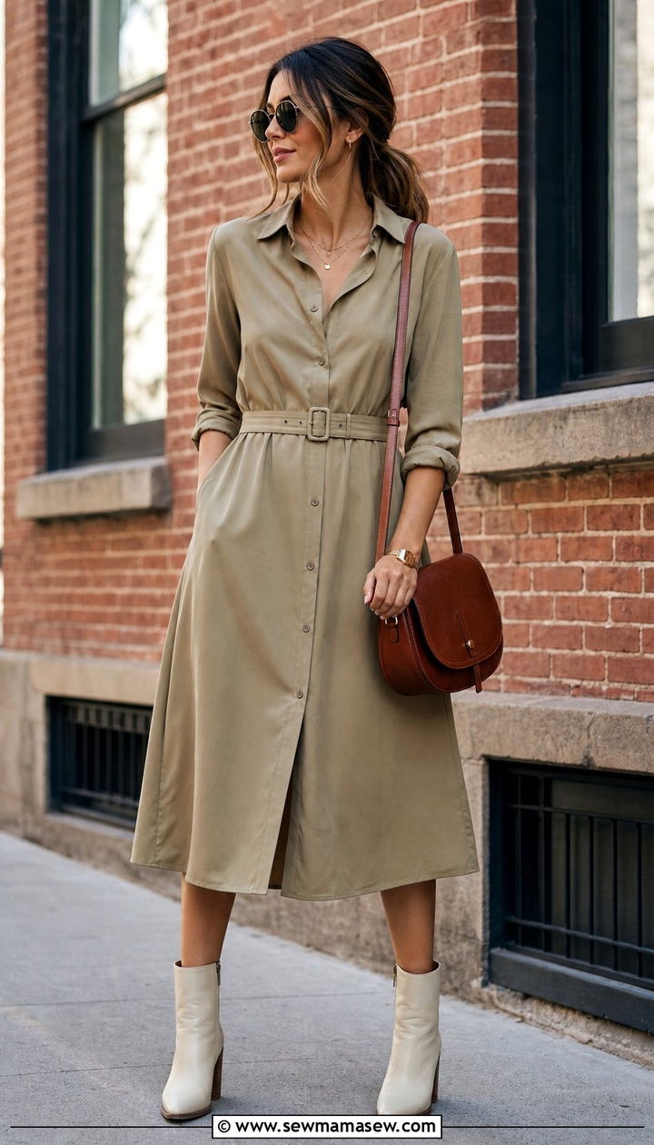 Belted midi shirt dress with ankle boots - 25 spring outfits for long torso women