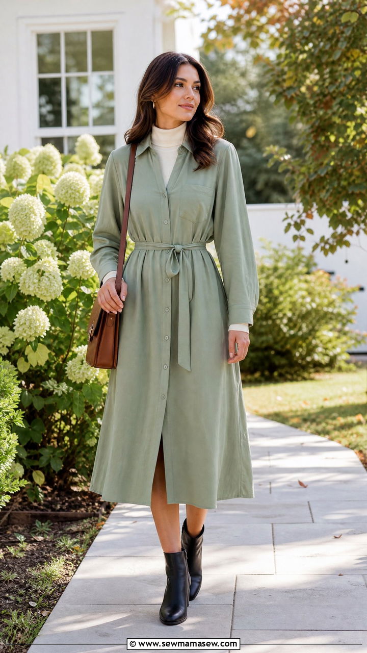 Belted midi shirtdress with ankle boots - 30 Modest capsule wardrobe 2026
