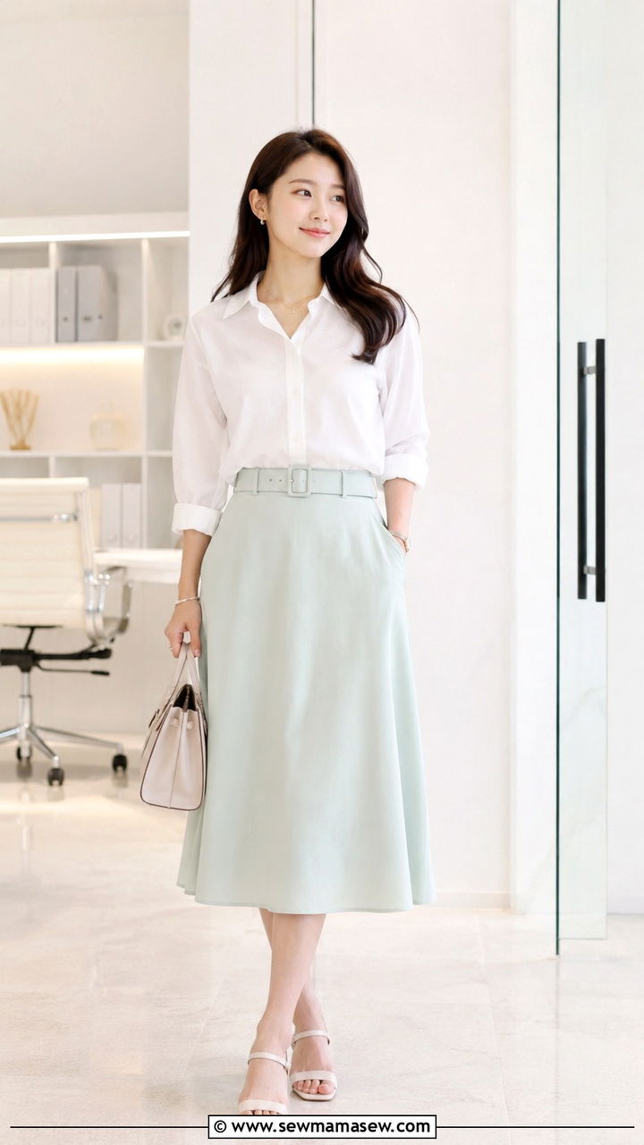 Belted midi skirt and tucked in blouse - 30 Petite office outfit ideas