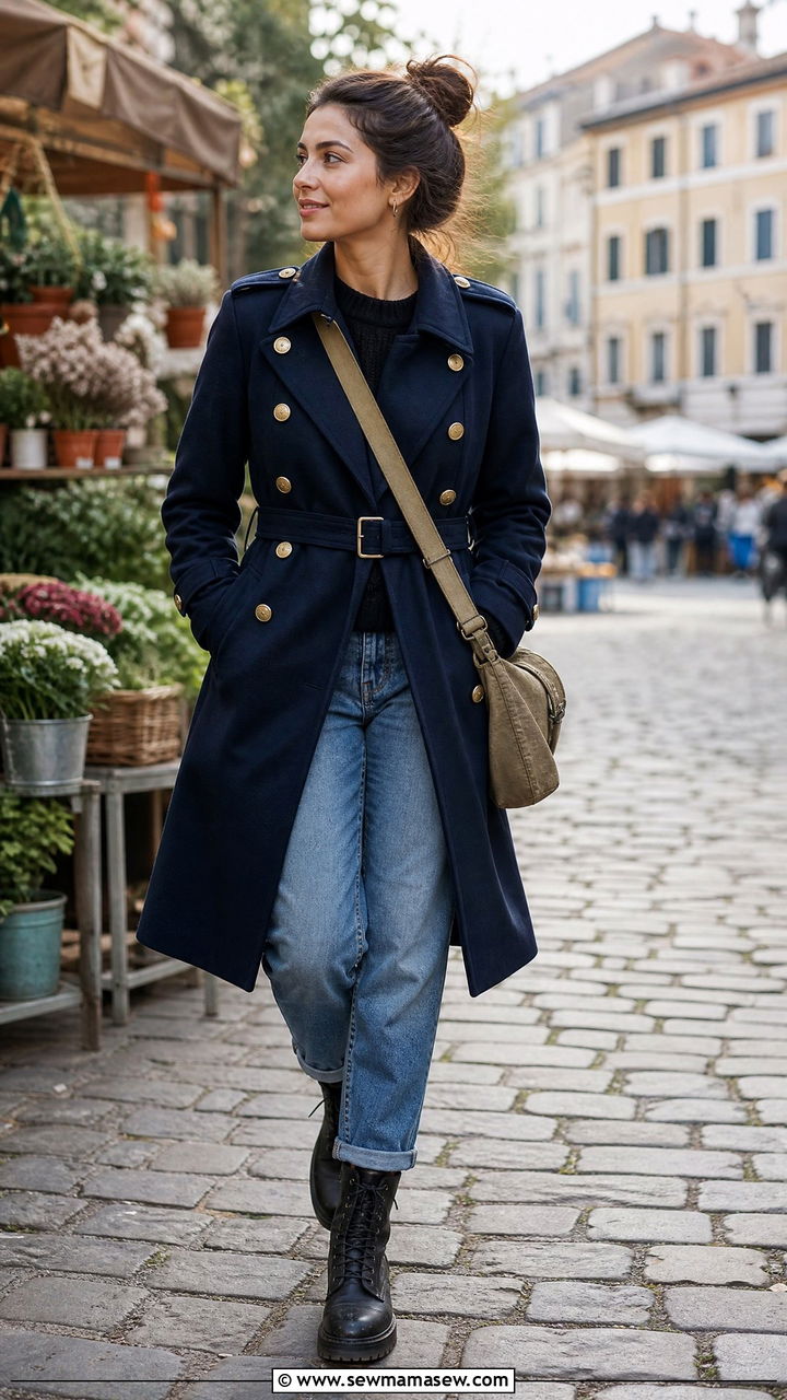 Belted military style coat with straight denim and combat boots - 35 Belted coat outfit ideas