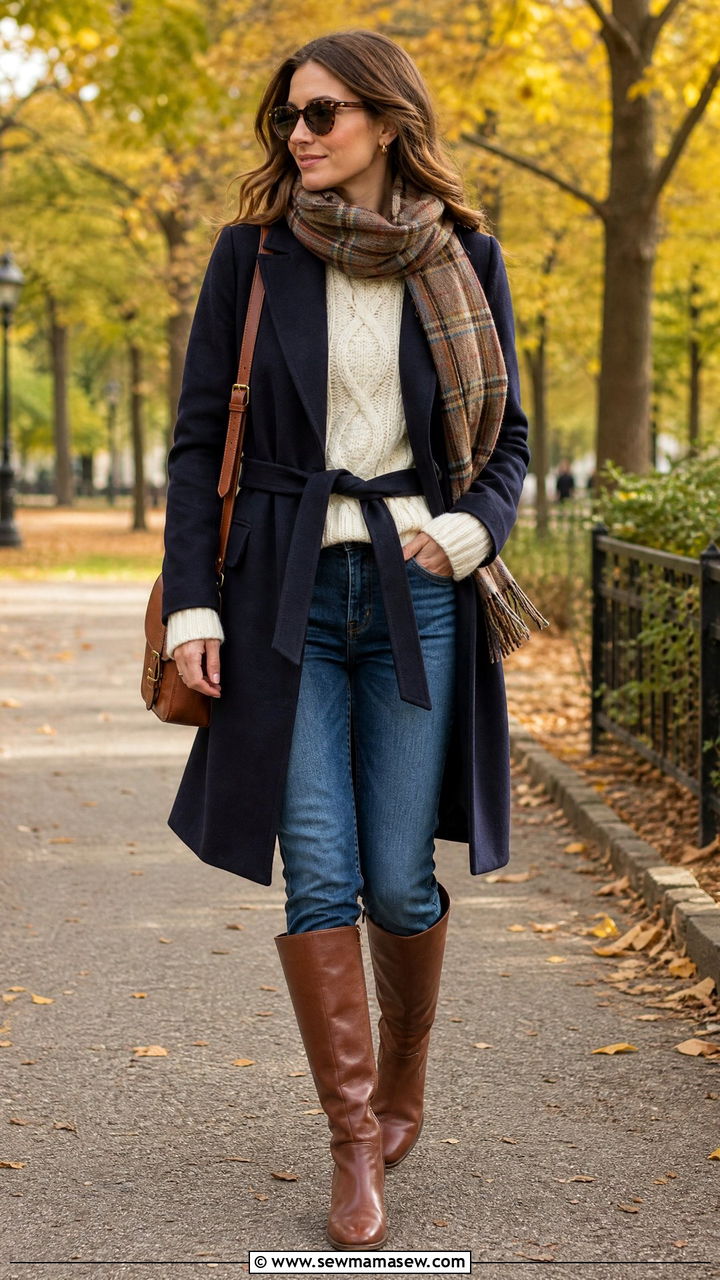Belted navy wool coat with chunky sweater and straight jeans - 35 Belted coat outfit ideas