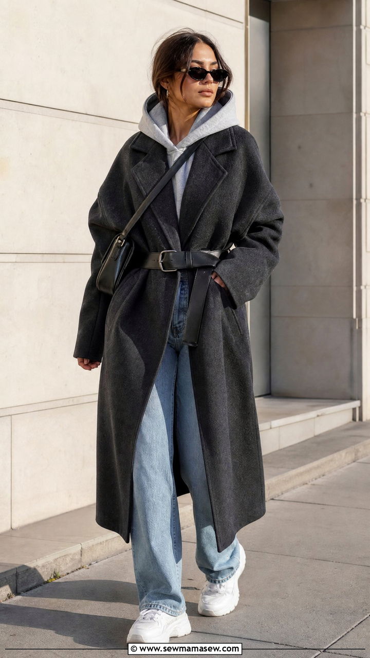 Belted oversized wool coat with hoodie and sneakers - 35 Belted coat outfit ideas