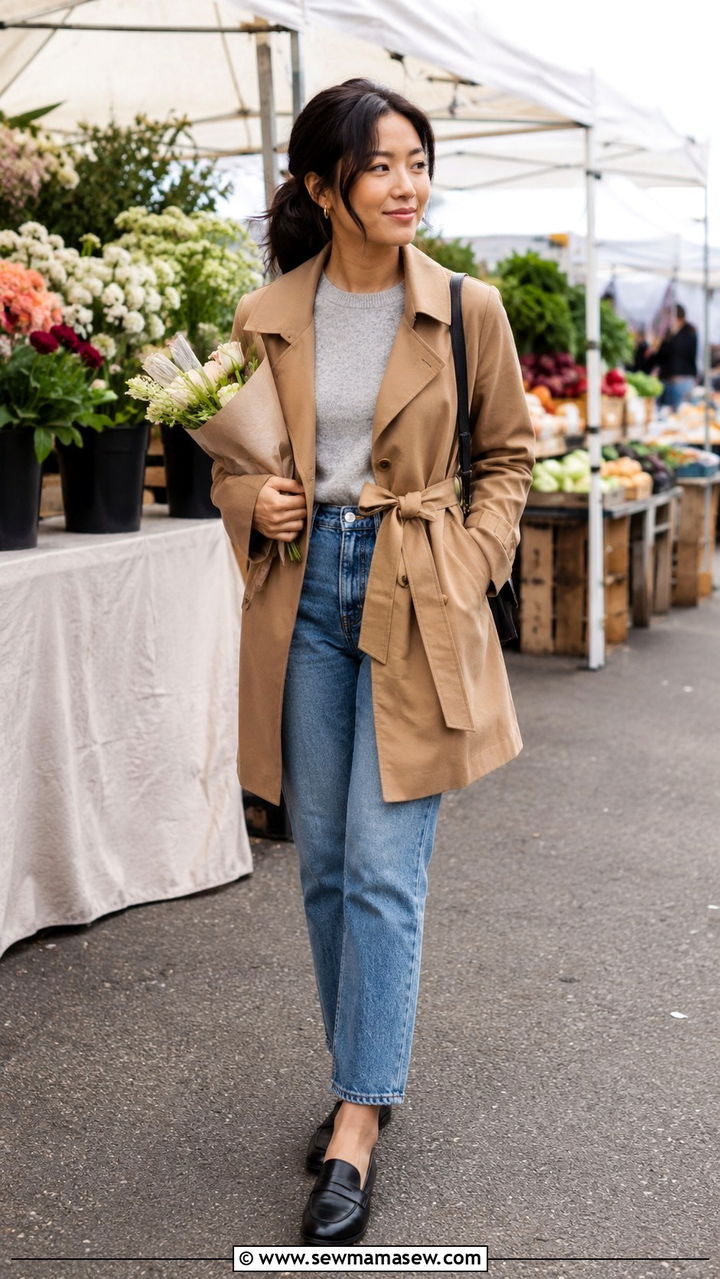 Belted petite trench coat with high waist jeans and leather loafers - 25 Petite outfit ideas with trench coat