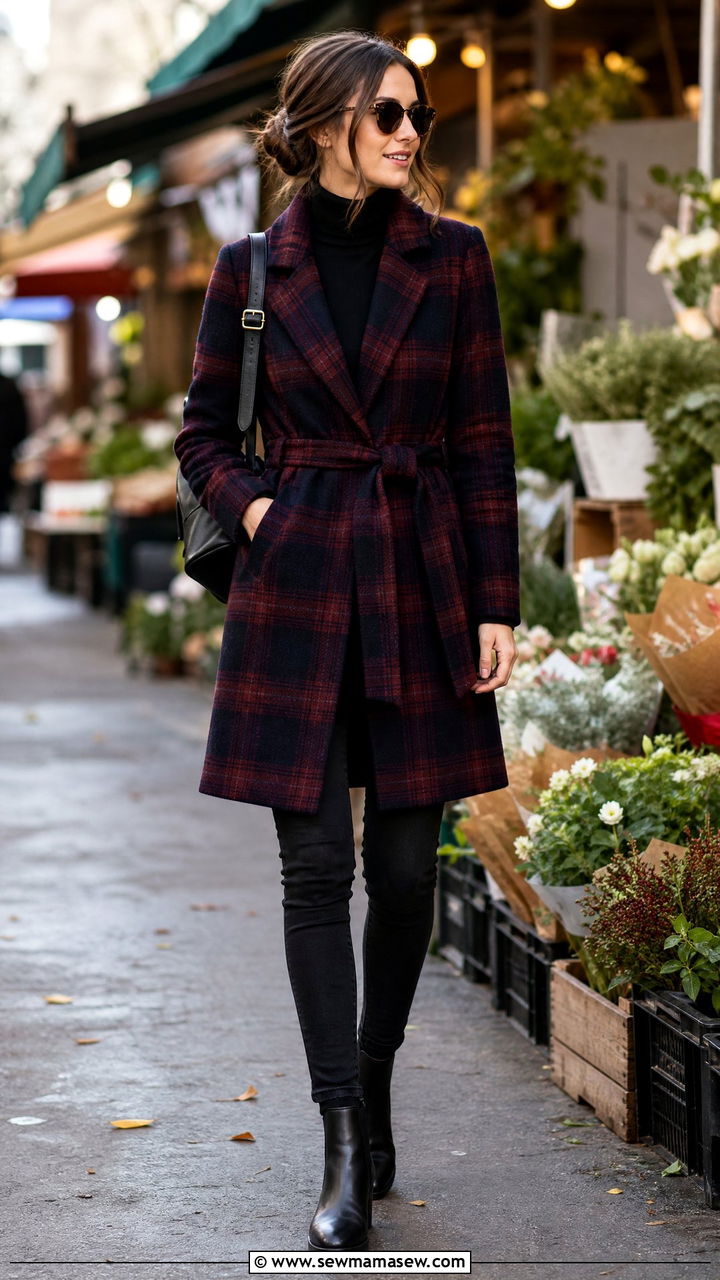Belted plaid coat with dark skinny jeans and Chelsea boots - 35 Belted coat outfit ideas