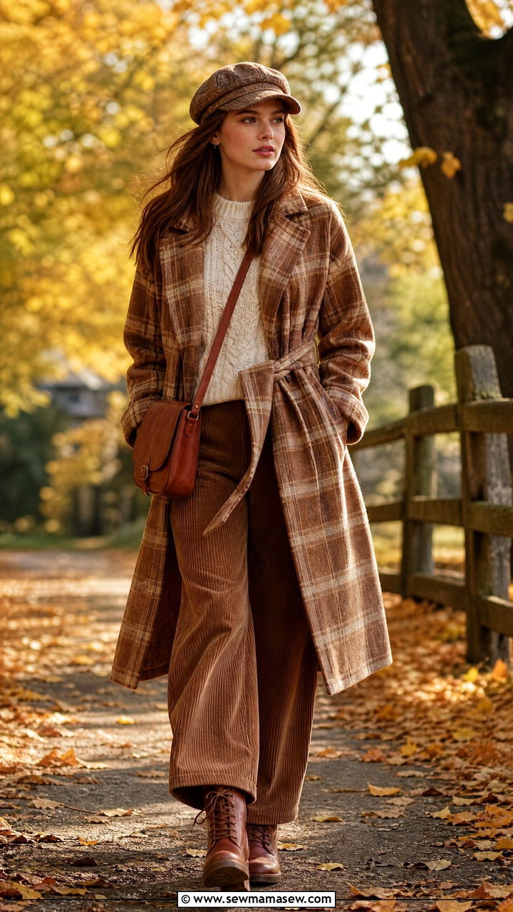 Belted plaid wool coat with corduroy trousers and a newsboy cap - 35 Belted coat outfit ideas