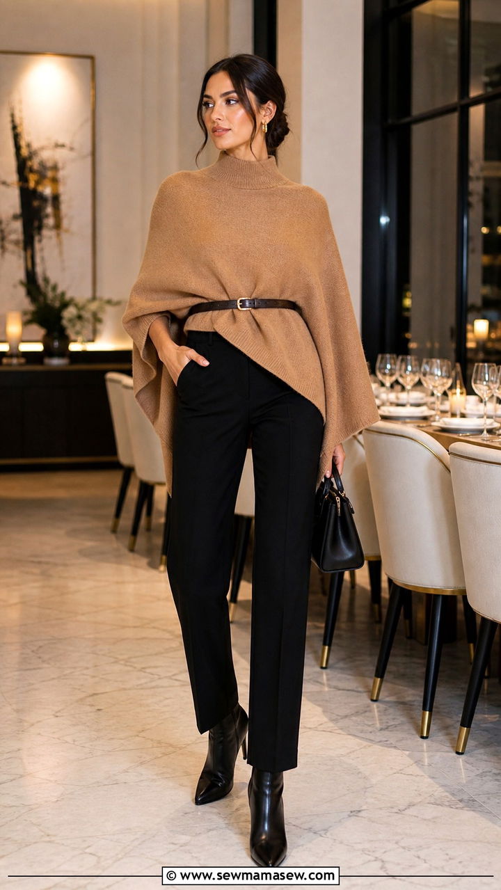 Belted poncho with trousers and heeled boots - 40 Poncho outfit ideas