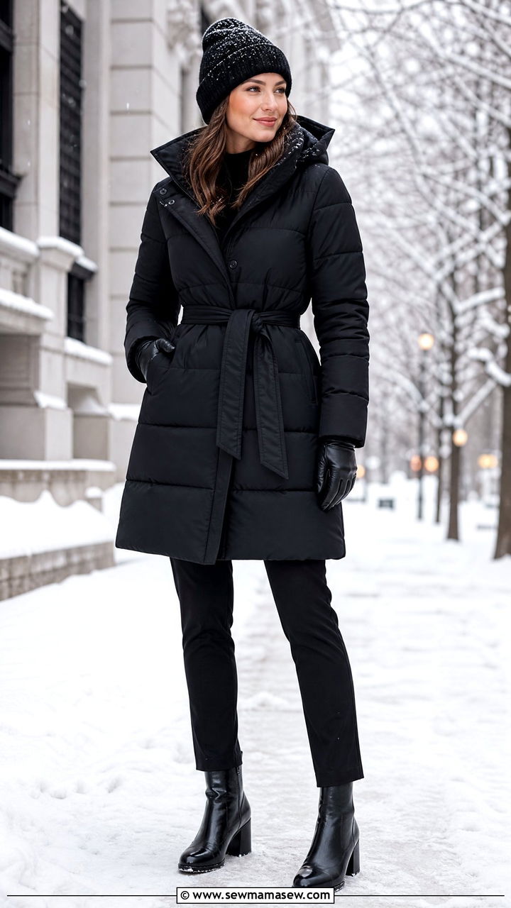 Belted puffer coat with slim fit trousers and ankle boots - 35 Belted coat outfit ideas