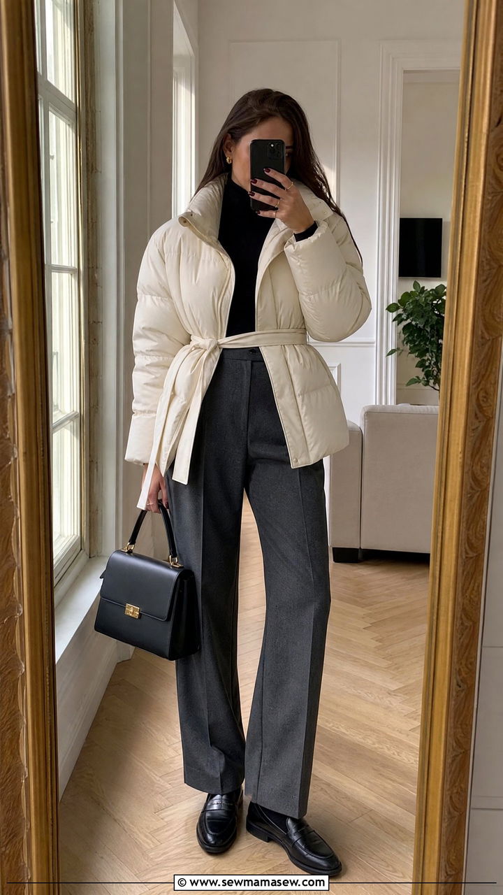 Belted puffer jacket with tailored trousers and loafers - 25 Spring outfits with puffer jacket