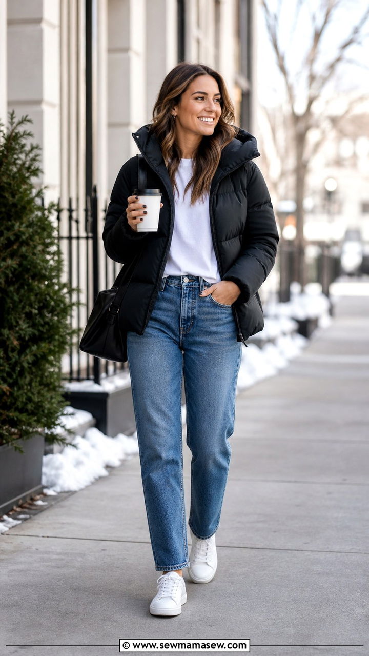 Belted puffer jacket with trousers and knee high boots - 40 Puffer jacket outfit ideas