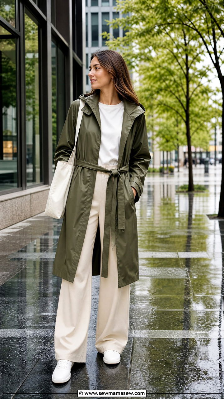 Belted raincoat with wide leg pants and sleek sneakers - 30 Cozy rainy day outfit ideas