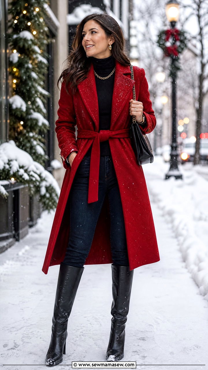 Belted red wool coat with dark denim and knee high boots - 35 Belted coat outfit ideas