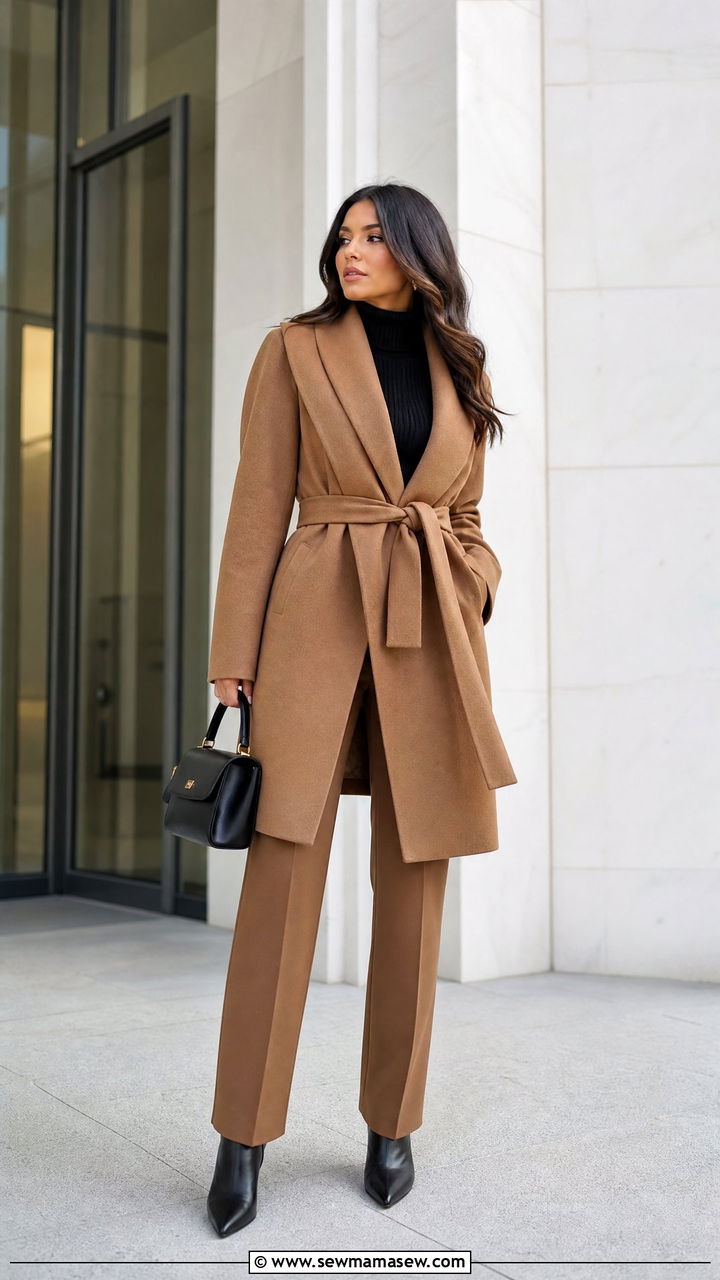 Belted scarf coat with tailored pants and heeled booties - 35 Belted coat outfit ideas