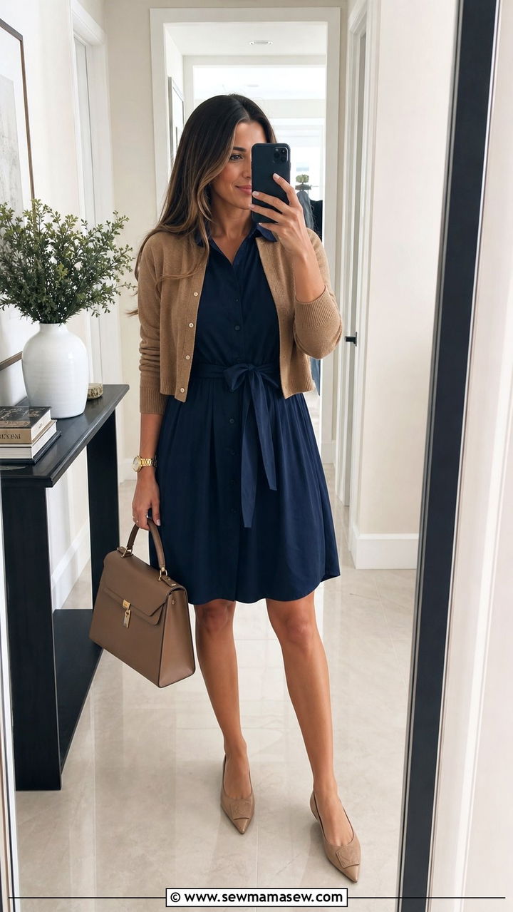 Belted shirt dress with cropped cardigan - 25 Shirt dress outfit ideas with a cardigan