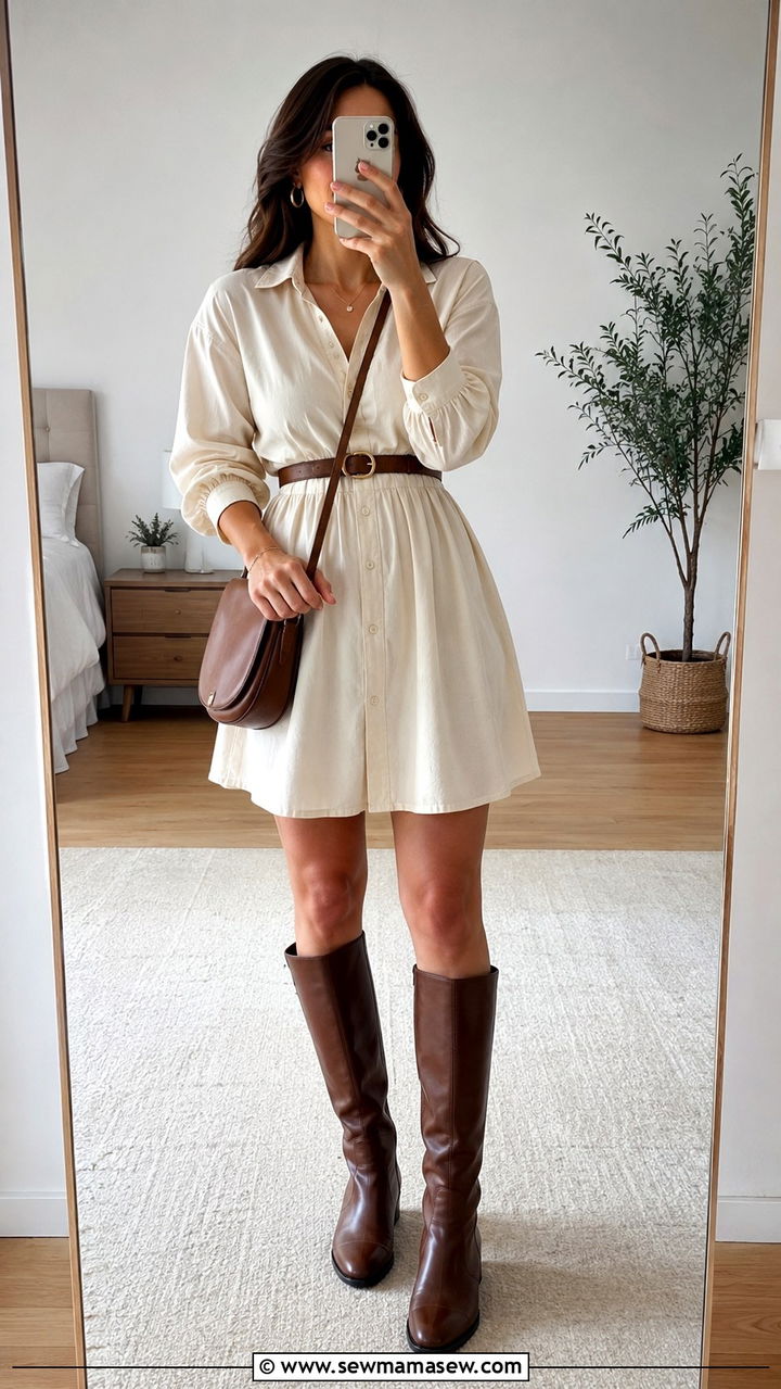 Belted shirt dress with flat knee high boots - 30 Outfit ideas for apple shape