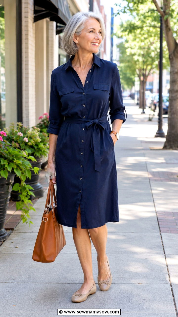 Belted shirt dress with neutral flats - 30 Outfit ideas for women over 55