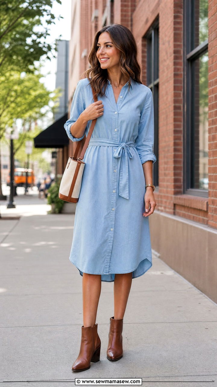 Belted shirtdress with ankle boots - 25 Flattering outfits for big hips