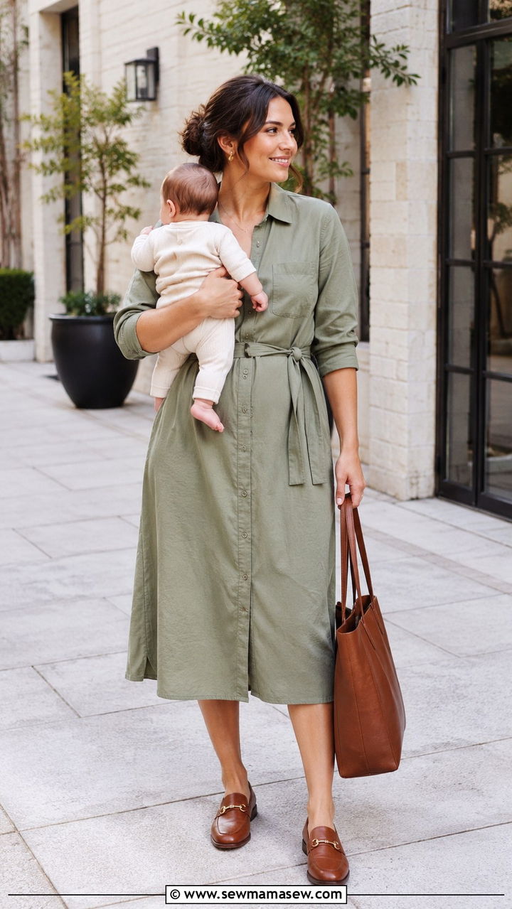 Belted shirtdress with loafers and a tote - 25 wedding guest outfits for postpartum women