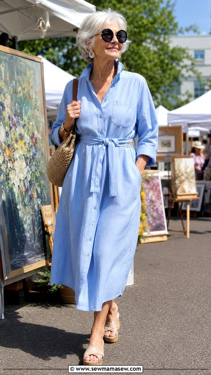 Belted shirtdress with low wedges - 30 Outfit ideas for women over 70 casual 2026