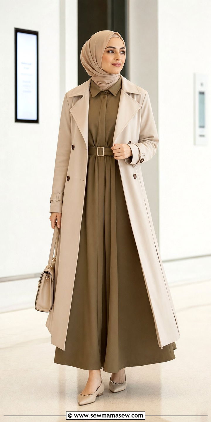 Belted shirtdress with trench coat and neutral hijab - 25 classy outfits for hijab women